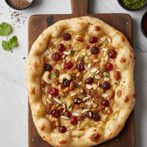 Kashmiri Naan (White bread stuffed with sweet cherry, raisins, and cashews)